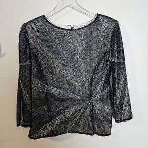 Papell Medium Formal Evening Beaded Bedazzled  Silk Mesh Top Women's Black Cream